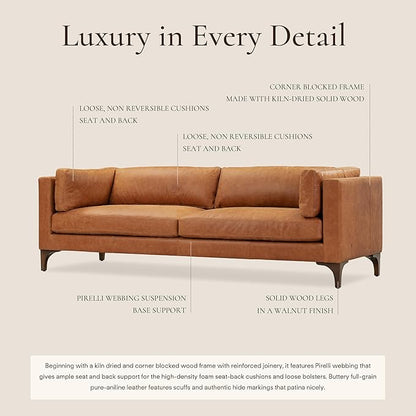 Poly & Bark Argan Leather Couch - 93 Inch Sofa - Full-Grain Leather Sofa for Living Room with Feather Down Topper - Living Room Couch - Pure Aniline Vintage Italian Leather in Cognac Tan