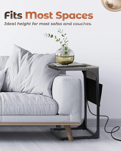 C Shaped End Table with Charging Station, Couch Side Table with Storage Pocket, Slide Under Couch Sofa Table Tray, Greige