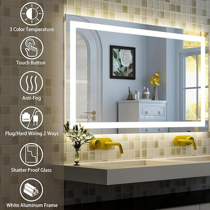 55'' x 30'' LED Bathroom Mirror with Lights, Wall Mirror with Front and Backlight, 3 Colors Vanity Mirror with Lights, Anti-Fog Wall Mirror for Bathroom