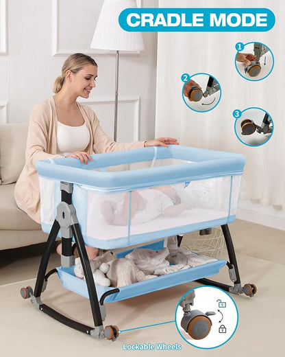 3 in 1 Baby Bassinet, Bedside Crib with Breathable Mesh, Bassinet Bedside Sleeper with Wheels, Mosquito Net, Storage Basket, 6 Height Adjustable, Easy to Fold, Dark Black