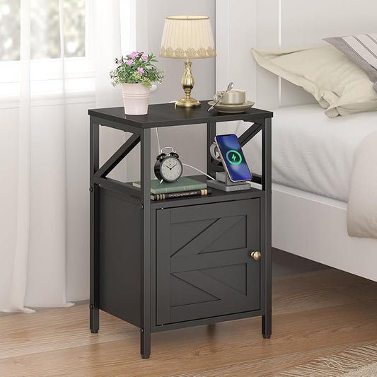 Farmhouse Side Table with Charging Station -3-Tier USB Ports & Outlets End Table, Compact Bedside Storage Table for Small Spaces, Multi-Functional Accent Table for Living Room, Couch Entryway Black