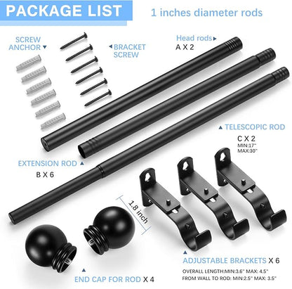 Curtain Rods for Windows 16 to 76 Inches, Curtain Rod Max Adjustable Length of 88 IN, 1" Diameter Drapery Rods Round Finials, Black, Pack of 2
