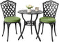 NUU GARDEN 3-Piece Patio Bistro Set Outdoor Cast Aluminum Bistro Table and Chairs Set of 2, Outdoor Patio Bistro Set with Umbrella Hole and Green Cushions for Patio Balcony, Black