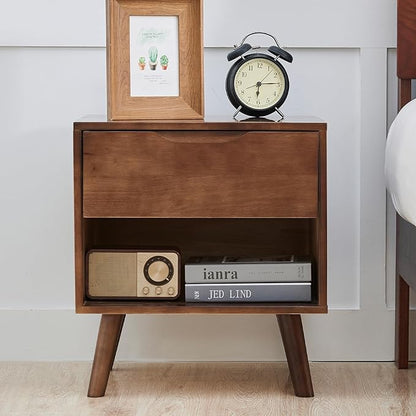 Uniclinens Nightstand with Drawer and Opening Storage, Modern Solid Rubberwood Bedside Table for Bedroom, 19" Sofa Side Table End Tables Living Room, Walnut