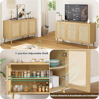 Rattan Entryway Table, Entertainment Center with Adjustable Shelf, Sideboard Buffet Cabinet with 3 Rattan Doors, Modern Console Cabinet with Large Storage for Living Room, Kitchen, Brown