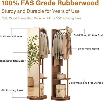 70"x16"Full Length Mirror with Stand,Coat Rack with Mirror,Solid Wood Floor Mirror,Swivel Mirrorfor Bedroom, Living Room, Cloakroom