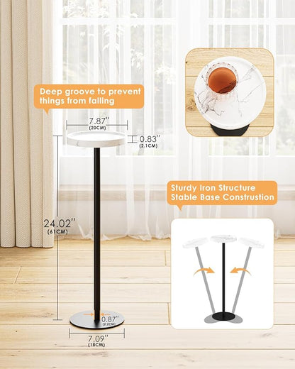 Drink Table, Small Pedestal Side Table, Round Cocktail Table, Circle Accent End Table with Metal Base, for Small Spaces (1, White Marble)