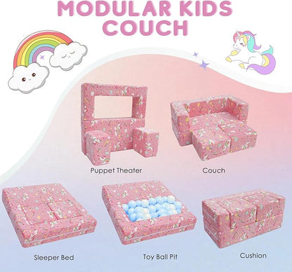 MeMoreCool Modular Kids Sofa,Toddler Play Couch Fold Out for Playroom, Glow in Dark Convertible Plush Unicorn Foam Chair for Baby Childrens