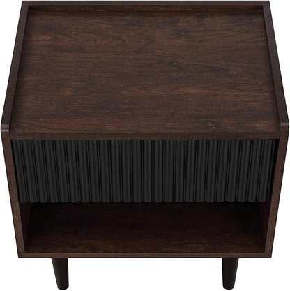 Manhattan Comfort Duane Modern Ribbed Nightstand Set of 2, Bedside Table with Full Extension Drawer and Open Shelf, Industrial Chic Living Room and Bedroom Furniture, Black