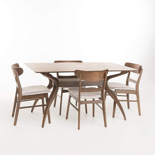 Christopher Knight Home Idalia Curved Leg Rectangular Dining Set, 5-Pcs Set, Natural Walnut / Light Beige