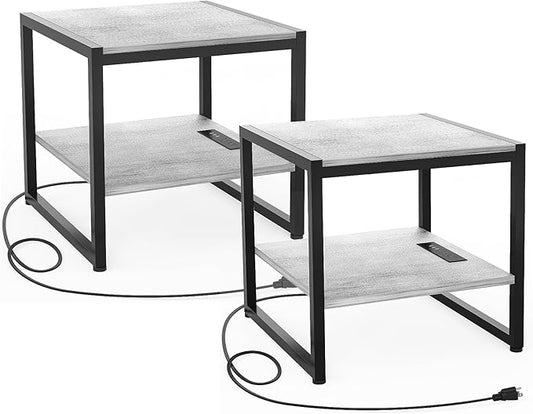 Homieasy End Table with Charging Station, 20 Inch Square Side Table with USB Ports & Power Outlets, Black Nightstand with 2-Tier Storage Shelf, Mini Fridge Stand for Small Spaces, Black -2 Pack