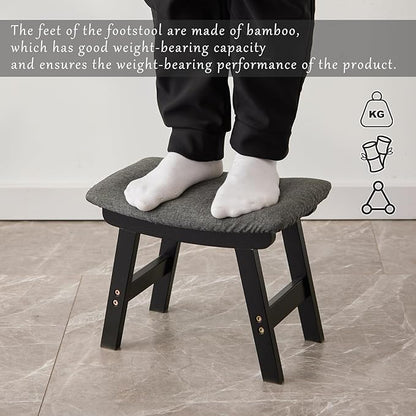Foot Stool,Ottoman,Bamboo Small Sofa Foot Rest Under Desk,Extra Seating for Living Room, Bedroom and Kitchen (Black Stool Legs - Gray Surface)