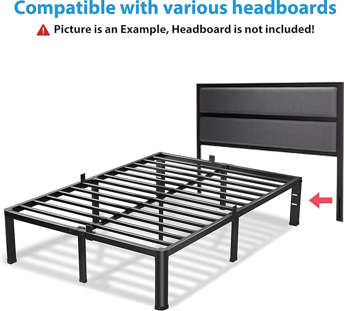 16 Inch Full Size Bed Frame, 3500Lbs Heavy Duty Metal Platform with Round Corner Legs Mattress Slide Stopper, Steel Slat Support No Box Spring Needed, Noise Free, Non-Slip, Easy Assembly