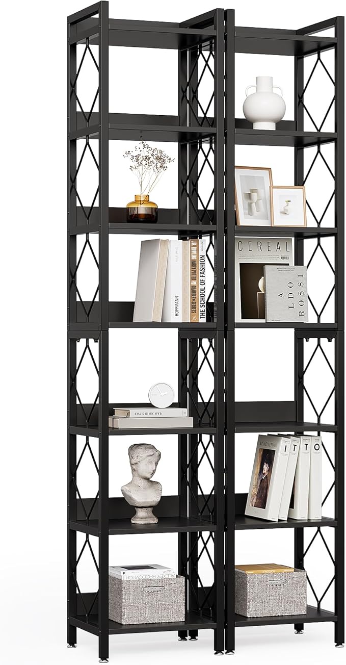 LITTLE TREE Book Shelf Set of 2, 7-Tier Tall Bookcase, Wooden Display Shelves with Metal Frame for Living Room, Modern Narrow Standing Bookshelves for Bedroom, Black Office Shelf for Small Spaces