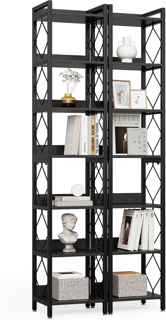 LITTLE TREE Book Shelf Set of 2, 7-Tier Tall Bookcase, Wooden Display Shelves with Metal Frame for Living Room, Modern Narrow Standing Bookshelves for Bedroom, Black Office Shelf for Small Spaces