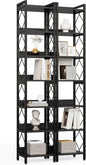 LITTLE TREE Book Shelf Set of 2, 7-Tier Tall Bookcase, Wooden Display Shelves with Metal Frame for Living Room, Modern Narrow Standing Bookshelves for Bedroom, Black Office Shelf for Small Spaces