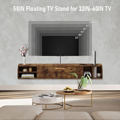 Floating TV Unit, 58'' Wall Mounted TV Cabinet, Floating Shelves with 4 Cabinets, Wooden Entertainment Media Console Center Large Storage TV Bench for Living Room & Office (Rustic Brown)