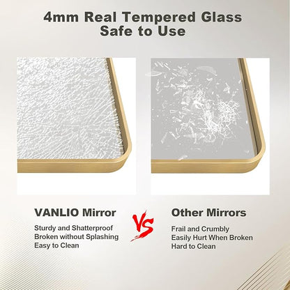 24x32 Inch Gold Framed Bathroom Mirror, Rectangle Brushed Gold Metal Vanity Mirror, Gold Rectangle Mirror for Wall, Rounded Corner, Tempered Glass, Anti-Rust, Shatterproof (Horizontal/Vertical)