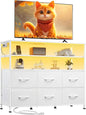 WLIVE White TV Stand for 40, 45 inch TV, Entertainment Center with LED Lights & Charging Station, TV Media Console Table with 6 Fabric Drawers and Open Shelves for Living Room, Hallway, Wood Top