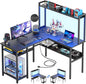 Unikito L Shaped Gaming Desk with LED Strip and Power Outlets, Reversible L-Shaped Computer Desk with Storage Shelves, Corner Desk with Hutch, 2 Person Home Office Desk, Black