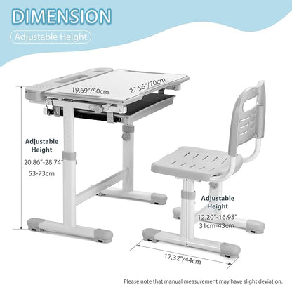 Rengue Kids Desk and Chair Set Height Adjustable School Study Desk and Chair with 55° Tiltable Desktop, 3 Modes &3 Brightness LED Lamps, Storage Drawer and Metal Hook for Boys Girls Gifts (Grey)