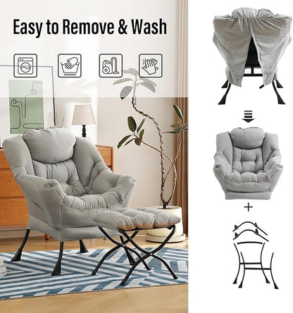 Lazy Chair with Ottoman, Modern Chair with Folding Footrest, Lounge Accent Chair, Comfortable Reading Chair (Light Grey)