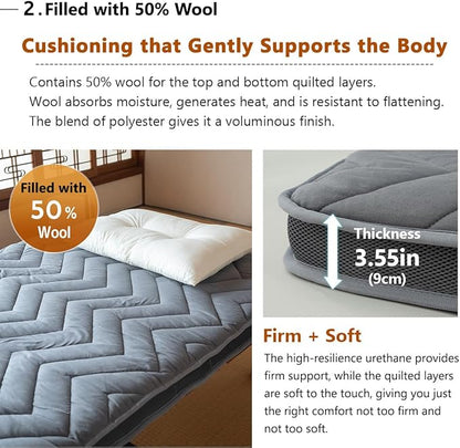 EMOOR Japanese Wool-Blend Padded Futon Mattress GOMA King Dark Gray, Gusset Foldable Sotrable Elastic Bands Floor Sleeping Guest Bed Tatami Mat