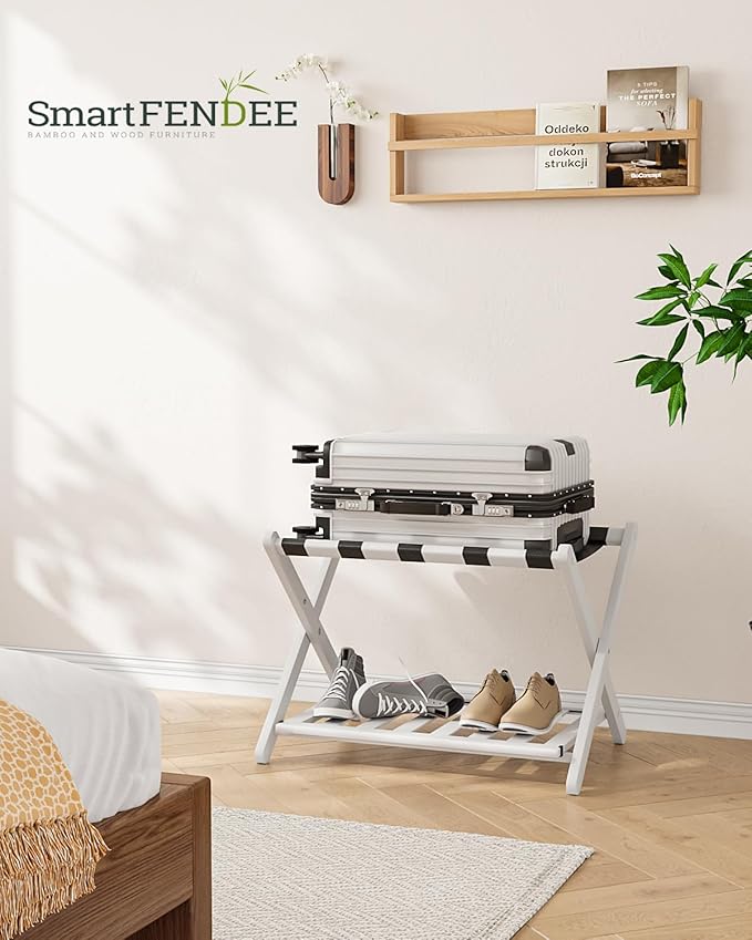 2 Packs Fully Assembled White Luggage Racks with Shoe Shelf, Folding Suitcase Stand with 5 Straps, Wooden Luggage Stand Ideal for Guest Room, Bedroom, Hotel