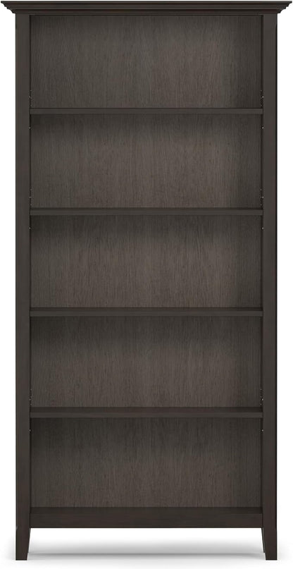SIMPLIHOME Amherst Bookcase - 70 inch Tall 5-Shelf Solid Wood Bookshelf in Hickory Brown, Transitional Storage for Living Room, Study Room or Office with Adjustable Shelves and Tapered Legs