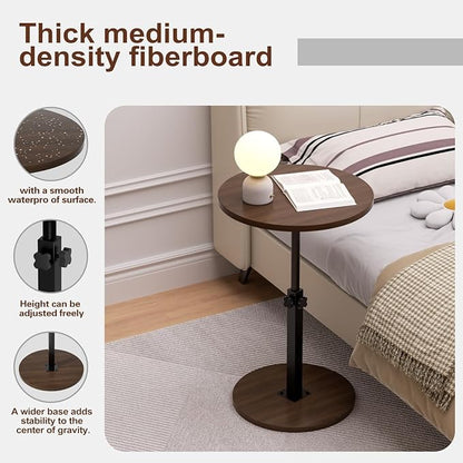 Adjustable Side Table, Round End Table, Small Bedside Table, Mid Century Modern Nightstand for Living Room, Bedroom, Corners and Office (Walnut)