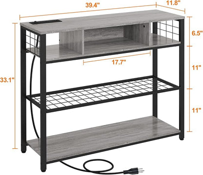 Narrow Entryway Console Table with Storage, Drawer and Charging Station - Behind Couch Table with Outlet and USB Ports for Living Room Foyer, Grey