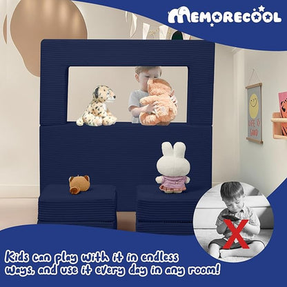 MeMoreCool Modular Kids Couch, Corduroy Play Toddler Couch for Bedroom Playroom Furniture, Convertible Foam Kids Sofa Bed, Fold Out Baby Sofa for Girl Boy, Navy