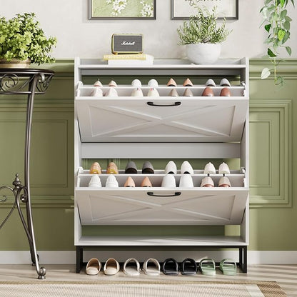 Maupvit Shoe Cabinet with 2 Flip Drawers, Freestanding Shoe Cabinet Organizer with Metal Legs, Shoes Storage Cabinet for Entryway, Narrow Shoe Rack Cabinet, White