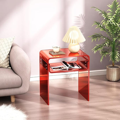 Clear Acrylic End Table 2-Tier Bedside Nightstand for Living Room Bedroom (1, Red)