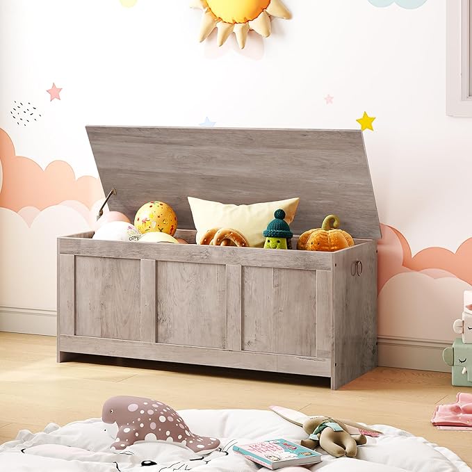 HOOBRO Storage Bench, 39.3" Retro Wooden Storage Chest, Wooden Storage Trunk, Toy Chest with Lift Top, Multifunctional Entryway Organizer, for Entryway, Living Room, Greige BG141CW01