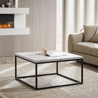 CENSI 30"x30" Marble Accent Coffee Table Ottoman for Living Room, Modern Industrial Style, 1.2" Extra Thick Tabletop (White Marble)