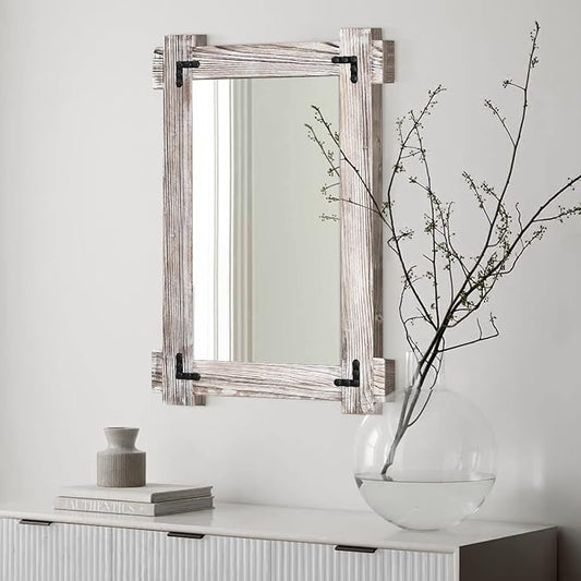MeMoreCool Rustic Wood Framed Bathroom Mirror, Decorative Farmhouse Vanity Mirror, Wall Mounted Rectangular Mirror for Bedroom, Living Room, or Bathroom, Small 20x30 Inch, White