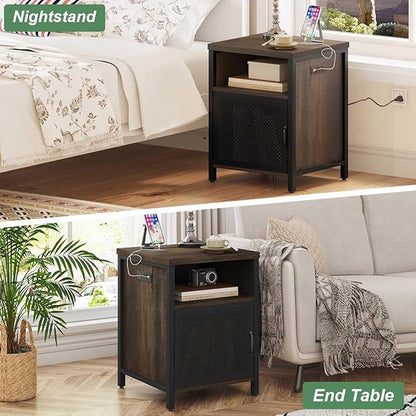 FATORRI End Table with Storage, Rustic Side Table for Living Room, Narrow Wood and Metal Bedside Tables with Door (Walnut Brown)