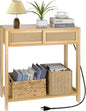 Console Table with Charging Station, Small Vanity Desk, 32" Console Tables for Entryway Table Rattan Dresser Entry Table Narrow Console Table Modern Hallway Table Boho Sofa Table for Living Room