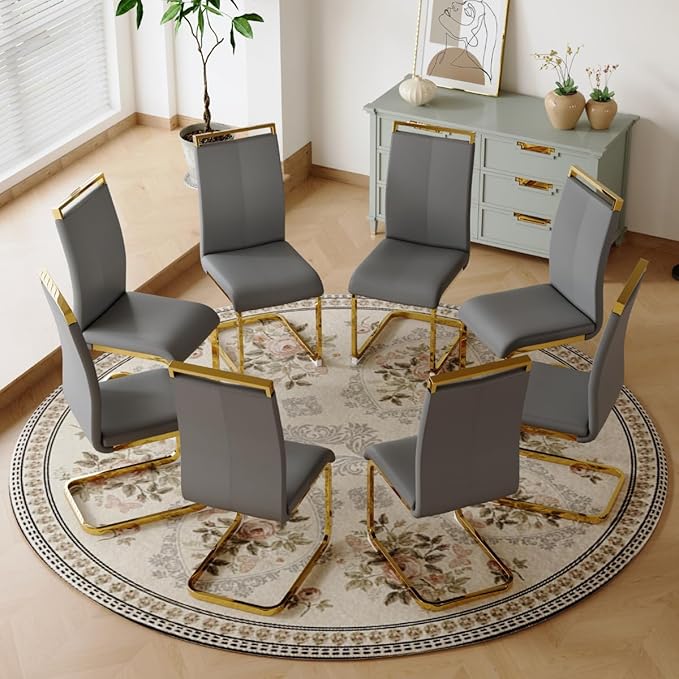 Dining Chairs Set of 8, Faux Leather with Plated Chrome Metal Frame, Modern Kitchen Chairs with Padded Seat High Back for Dining Room, Kitchen, Living Room