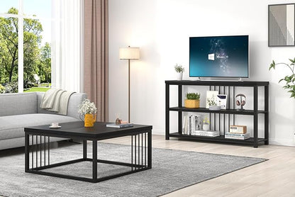 FOLUBAN Black Coffee Table, Modern Square Center Table for Living Room, Industrial Rustic Wood and Metal Cocktail Tea Table, 31.5 Inch