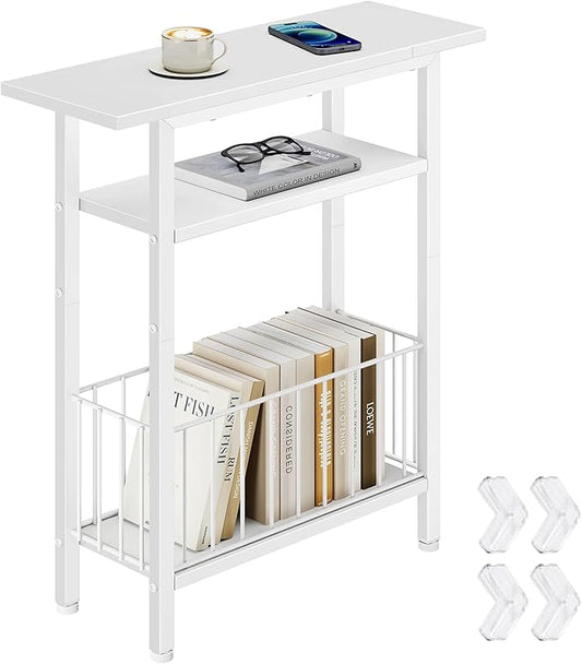 Vagusicc Narrow Side Table, Skinny Side Table for Couch, 3-Tier Small End Table for Small Spaces, Bed Side Tables with Storage, 25.2" Tall Slim Nightstand Bedside table for Living Room, Bedroom, White