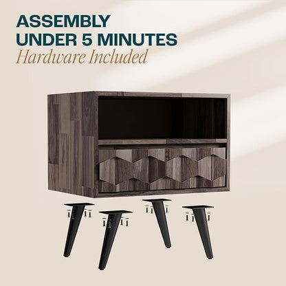 Bme Georgina Solid Wood Nightstand with 1 Drawer & Open Shelf- Fully Assembled Mid Century Modern Side Table - Geometric Pattern Bedside Dresser for Bedroom and Living Room, Mocha