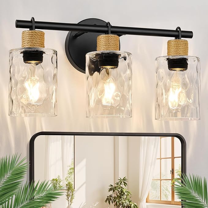 2025 Upgrade Bathroom Light Fixtures, 3-Light Coastal Vanity Lights with Crystal Glass Shade, Black Bathroom Wall Lamp for Mirror Kitchen Hallway Cabinet