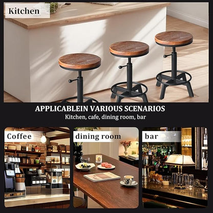 Set of 2-Industrial Bar Stool-Counter Height Chairs- Swivel Wooden Seat- Adjustable 17.7-24inch