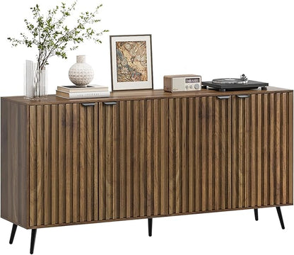 Smuxee 63" Fluted Sideboard Cabinet, Freestanding Walnut Buffet Cabinet with Adjustable Shelf, Wood Storage Cabinet for Living Room, Entryway, Hallway