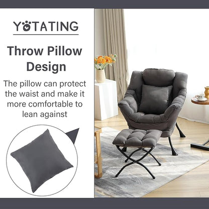 Lazy Chair with Ottoman, Comfy Reading Lounge Chair with Footstool & Throw Pillow Modern with Armrests & Side Pocket for Living Room, Bedroom, Dorm Room, Dark Grey