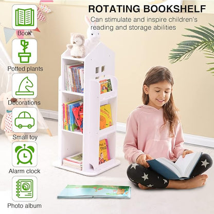 Rotating Bookshelf, 360 Display 3 Tier Floor Standing Bookcase Storage Rack, Kids Book Shelf Organizer, Small Corner Bookshelf for Small Space, for Bedroom, Living Room, White