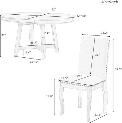 Merax 5-Piece Farmhouse Dining Furniture Set, Wooden Round Extendable Table, and 4 Upholstered Chairs, Natural Wood Wash