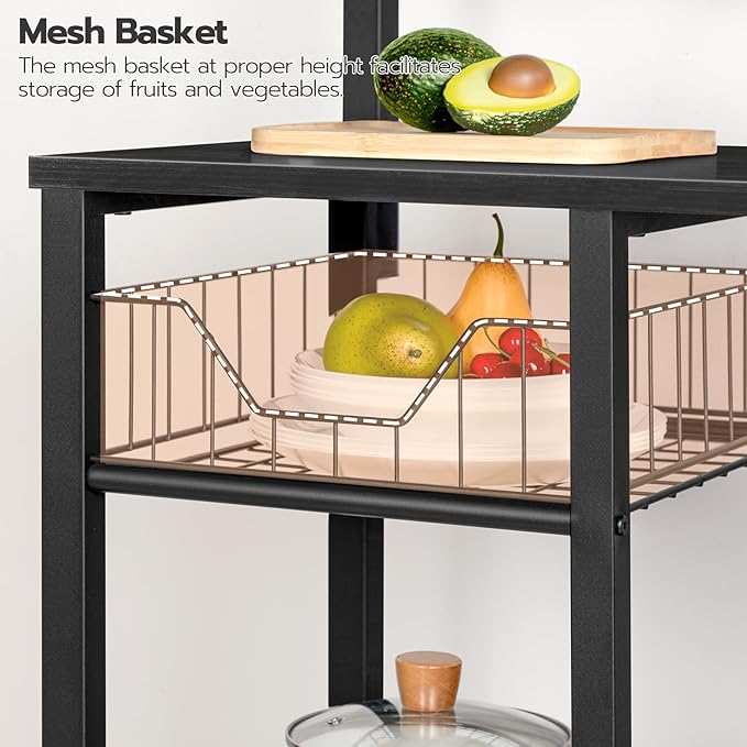 HOOBRO Kitchen Bakers Rack with Power Outlet, Coffee Bar, Microwave Oven Stand with Mesh Basket, Coffee Station with 4 S-Shaped Hook, Kitchen Shelf, for Dining Room, Living Room, Black BB05HB01